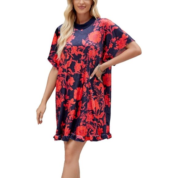 Dresses & Skirts - Women's Red Vintage Velvet Dress Mini Floral Printed Short Sleeve